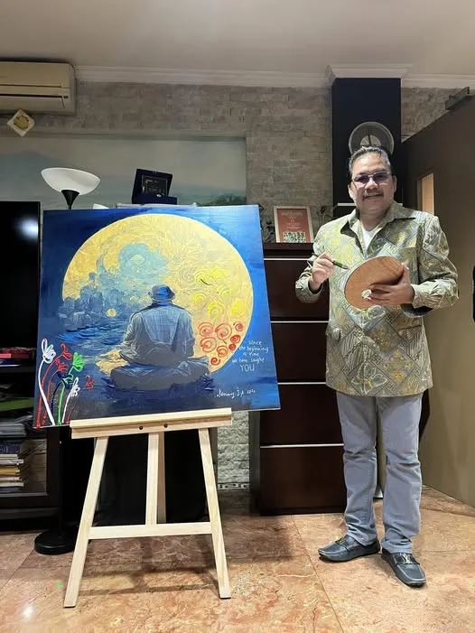 Lukisan pertamaku: Acrylic + puisi pendek sufistik. Tidak melukis di atas kanvas putih, tapi di atas...